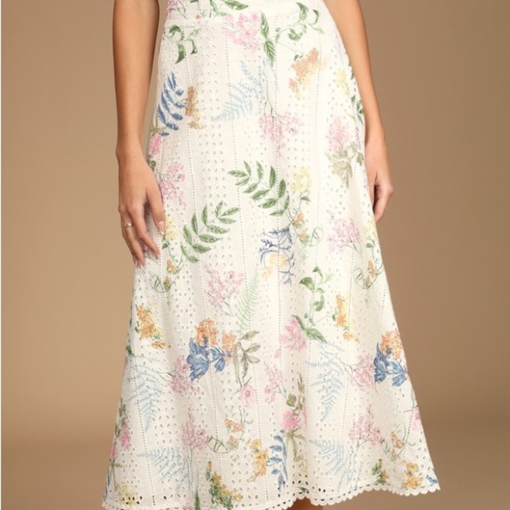 Lulus Sweet at Heart white floral embroidered midi skirt